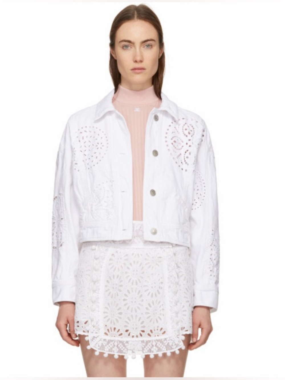 Isabel Marant Rena White Eyelet Embroidered Denim Jacket FR 38 US 6